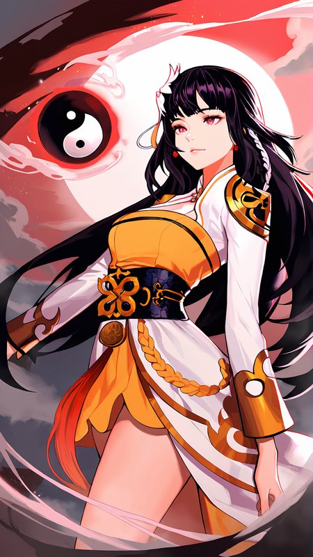 amazing quality,absurdres,best quality,masterpiece,highres,newest,detailed,detailed body,detailed face,masterpiece,best quality,solo,
DNFå·«å¥³,1girl,solo,black hair,long hair,yin yang,orb,hair ornament,braid,flower,dress,<lora:DNFå·«å¥³:0.8>,