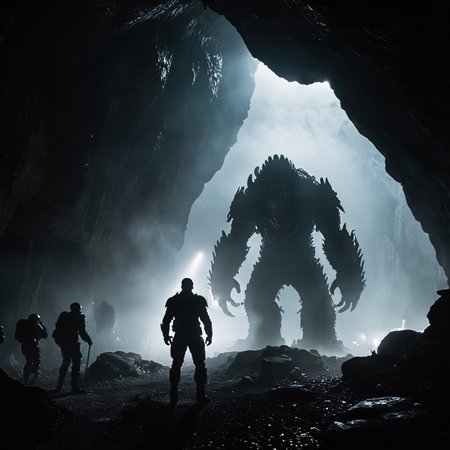 cinematic film still of  <lora:add-detail-xl:1>0
<lora:detailed:0.3>
<lora:perfection style:0.3>
<lora:xl_more_art-full_v1:0.3>
 <lora:halo style:0.9>
The Banished Monsters a monster standing in a dark cave with a light on,scenery,science fiction,silhouette,ruins,multiple others,fog , cinematic, filmic, dramatic light, sci fi, action themed, futuristic, shallow depth of field, vignette, highly detailed, high budget, bokeh, cinemascope, moody, epic, gorgeous, film grain, grainy