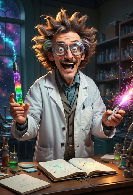 An eccentric scientist with wild, unkempt hair, wearing thick goggles and a lab coat covered in colorful stains, holding a glowing test tube and scribbling furiously in a notebook, 
High-tech laboratory filled with buzzing machines, floating holograms, and mysterious glowing vials, large glass windows revealing a starry sky outside, a huge mechanical contraption in the center, 
Excitedly activating a strange device, causing sparks and small explosions, while a robot assistant frantically tries to keep everything under control, and the scientist laughs in delight as everything goes haywire, 
realistic, photo, cinematic style, hyperrealistic, grainy photo,  <lora:add-detail-sdxl:0.9>