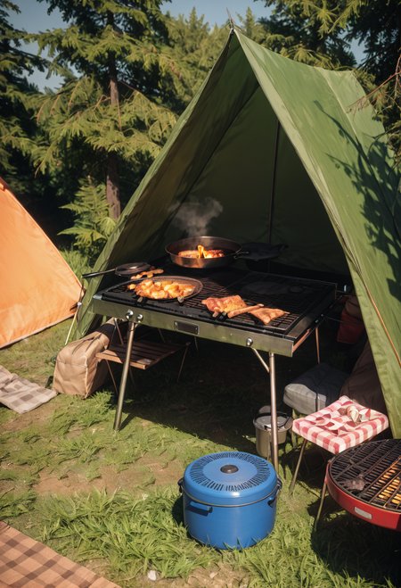 ,ruanyi1256,outdoors,tent,grill,<lora:1256 camping_v1_pony:1>, score_9,score_8_up,score_7_up,,8k,1girl,solo,,