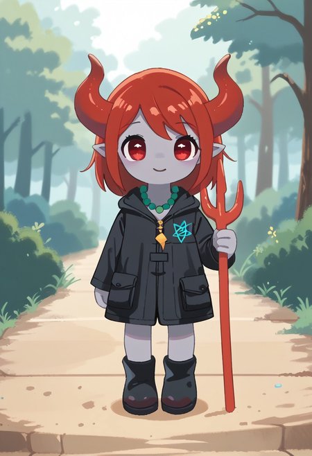 score_9, score_8_up, score_7_up, BREAK
highres, highly detailed, high resolution, high quality, 
source_anime, anime screencap, saturation, vivid colors, 
1girl, solo, luce, full body, standing, demon girl,
(dark red hair:1.2), (big dark red eyes:1.1), medium hair, cute, (grey skin:1.1), (horns:1.2), 
(long black raincoat:1.1), black rubber boots, 
pentagram necklace, holding one red trident, 
stkyswt,
pikaole, cute, bokeh,
blurry background, forest background, path