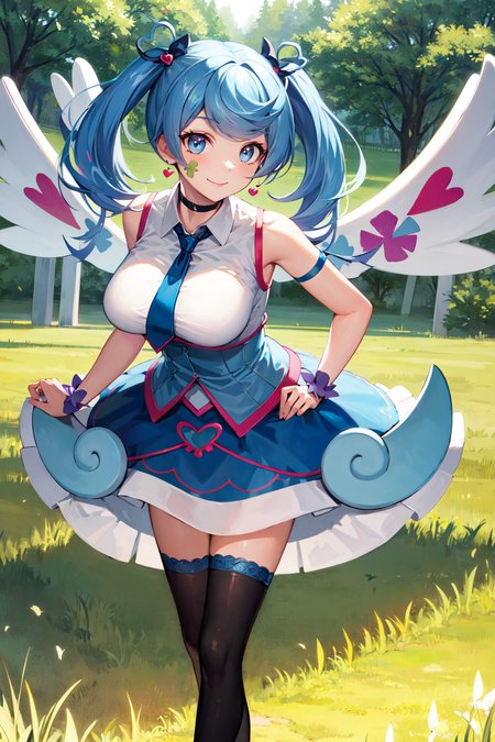 masterpiece, best quality, highres, heart hair ornament, ba1, 1girl, solo, jewelry, necktie, skirt, sleeveless, blue necktie, choker, breasts, black thighhighs, shirt, dress, blue skirt, skirt_ornament, wings, four-leaf clover_facial_tattoo, <lora:blue_angel_v1:0.7>, standing, cowboy shot, smile, grass, field, leaning forward, hand on hip,