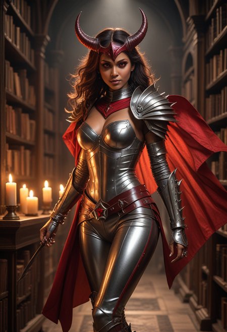 (medium full shot) of  (vivacious demon) young woman, indian, brown eyes, darker skin tone, tan skin, glowing red eyes, lithe, medium red half-up half-down hair,  wearing Metallic silver armor featuring a sleek breastplate, metallic pants, thigh-high boots, spiked pauldrons, flowing cloak, helm adorned with glowing red eyes,  black glass wings shrouded in a mist of darkness, wielding a spiked heads flail,  set in  Library of Lost Souls, Shadowy labyrinth of towering bookshelves, ancient tomes bound in human skin, flickering candles illuminating dusty manuscripts, whispered secrets echoing through the aisles, and the scent of decaying parchment lingering in the air , at sunset, laughing, jumping in the air, Masterpiece,best quality, photorealistic, amazing quality, very aesthetic, extremely detailed face,