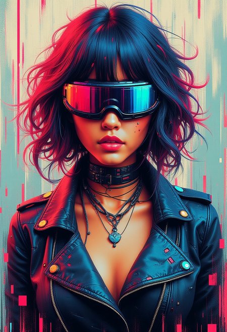 masterpiece, ((inkpunk cell-shaded style)), realistic painting, portrait of a beautiful cyberpunk girl, mad-cybrpnkimprss