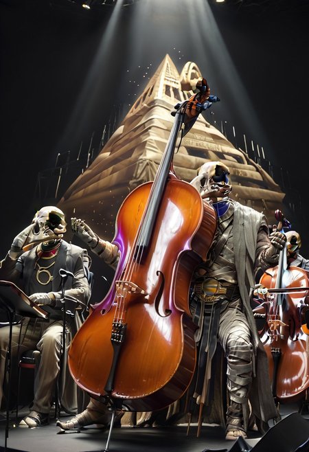masterpiece, best quality, amazing quality, Khonshu, skull head, floating head, beak, mummified, robe,, playing cello, cello, instrument, bow_(music), left hand on the fingerboard, right hand holding a bow, cello between legs, sitting, spotlight, on stage, hieroglyph, pyramid,