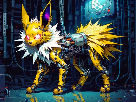 score_9, score_8_up, score_7_up, score_6_up,  <lora:cyb0rgXLP:0.8> cyb0rg, solo, science fiction, cable, mechanical parts, jolteon, black, feral, full body, glowing eyes, neon lights,