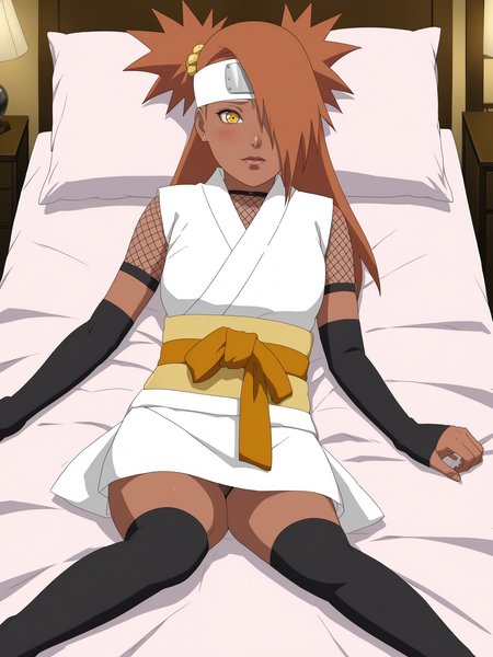 chocho akimichi, woman, chodef, dark skin, nervous, blush, submissive expression, blush, forehead protector, white kimono, fishnet shirt, black arm warmers, sleeveless, yellow sash, orange ribbon, thighhighs, indoors, lying, lying on bed, beg sheets, bedroom, <lora:add-detail-xl:1>, <lora:Chocho_Akimichi_sdxl_v2:1>,