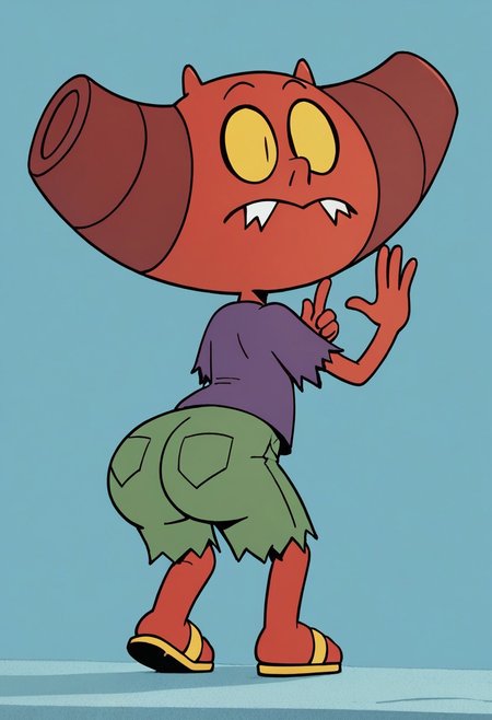 (score_9 | score_8_up | score_7_up) ((masterpiece:1))(best quality,very high quality,ultra detailed:1.2) (2D,cartoon style,anime style)(Smooth:2)(clean blurring) (four fingers on each hand,one thumb on each hand:1), Courtney, solo, short, no human, 1girl, impish, demon, red skin, small pointed nose, pointed tail, yellow eyes, slit pupils, two small horns, two large curved horns on sides of her head, pair of deformed fangs, oversized, purple t-shirt, ripped sleeves, green shorts, ripped bottoms, yellow sandals, SB99 style, butt, mega butt