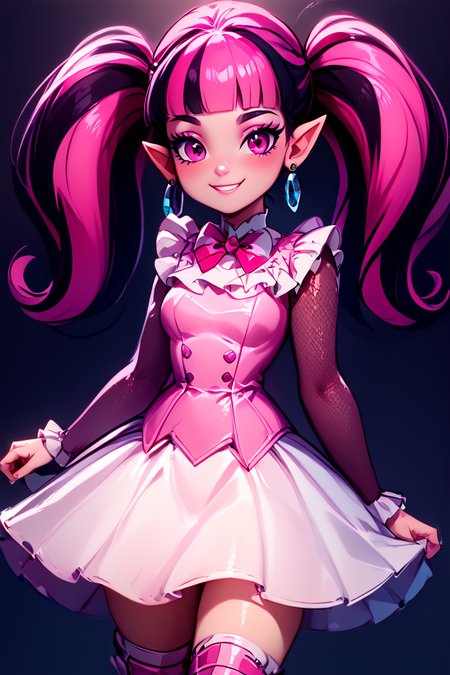 score_9, score_8_up, score_8, medium breasts, (curvy), cute, eyelashes,       BREAK, , draculaura, solo, twintails, multiclored hair, pink hair, black hair, pink eyes, pointy ears, earrings, fishnet sleeves, frilled sleeves, long sleeves, blunt bangs, monster high, pink vest, white skirt, pink knee boots, <lora:Draculaura_P1:1.0>, , BREAK, closed mouth, alternate costume, smile, looking at viewer, blush,  zzLFashion, frilled dress, frills, bow, dress, striped thighhighs, sweetL, cowboy shot,  embedding:zPDXL, Expressiveh,  <lora:Vivid:0.7>,  <lora:LFashionPDXL:1>,  <lora:Uncensored_PonyXL_cpt_v02.09:0.4>,  <lora:Expressive_H-000001:0.4>,