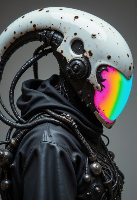 enistyle, A monochrome Vintage Closeup Portrait of the helmet depicting a imposing, Pristine White Sci-fi knight,. intricate Closeup of His perfect designed translucent helmet and armor, The cloak is draped over a black, with exposed wires and mechanical parts visible at her shoulders.. The Warrior is covered in long, dark, sinuous tendrils that resemble tentacles, emerging from its back and wrapping around its arms, adding a menacing, alien quality. These tendrils are covered in small, metallic hooks and are attached to the figure's back, creating a chaotic, almost monstrous appearance. Her helmet is a futuristic, with multiple lines suggesting motion or energy discharges. bleaked neon pink, Green, blue, orange atmospheric neon lighting,