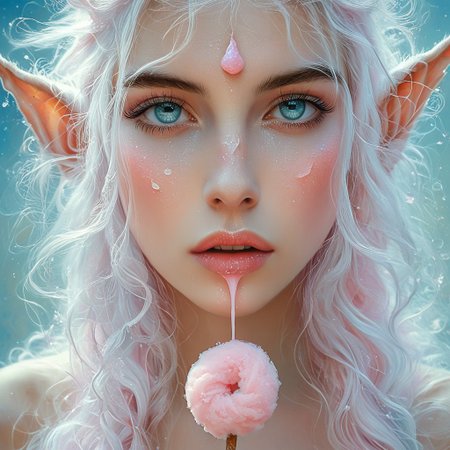 A surrealist close-up painting of a young elf, their lips cracked open as if split by time or thirst. From the cracked mouth, delicate strands of cotton candy begin to grow outward like flowering flesh. The elf's expression is calm, almost entranced, with pale, ethereal skin and glassy eyes. Background is abstract, hazy and dreamlike, resembling oil on canvas. Emphasize soft lighting, strange textures, and symbolism. Cotton candy is softly colored in pink and blue, floating unnaturally like a growing parasite.
Style tags: surrealism, close-up, oil painting, soft pastel, symbolism, hauntingly beautiful, dreamy textures, flesh and sugar, Dali-inspired