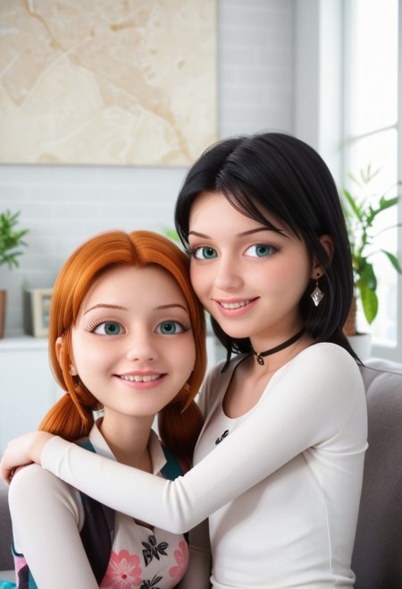 score_9, score_8_up, score_7_up, score_6_up, 
2girls, sitting together, on a couch, (leaning against each other, head on shoulder, cheek to cheek:1.4),
1girl, Sabrina Raincomprix, long hair, orange hair, green eyes, fair skin, earrings, white blouse, choker, 
1girl, Marinette Dupain-Cheng, long hair, bright bluebell eyes, black hair, twin tails, earrings, red blouse, choker, 
perfect eyes, real skin, amateur, photo, solo, perfect face, perfect eyes, sexy, beautiful eyes, petite body, 
masterpiece, best quality, amazing quality, 
heavy blush, thick dark eyelashes, tiny body,
(skinny girl), on a couch, family home, living room, wall pictures, plants,
blurry background, lot of people in background, shy expression, depth of field, volumetric lighting, biting lips, vibrant colors, intricate details, 
smiling, teeth, arms crossed, close up on face, real skin,