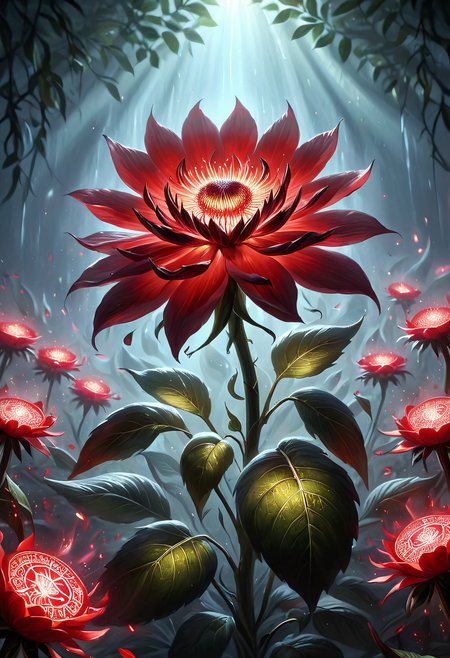 Glowing Runes, a red flower surrounded by glowing runes, concept art realism,
