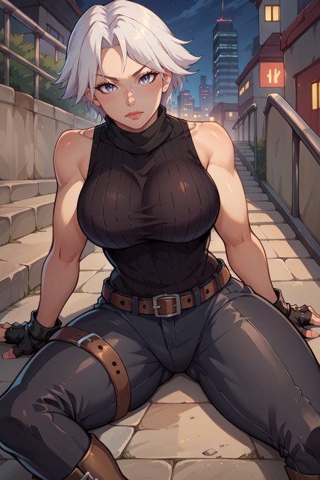 score_9, score_8_up, score_7_up, score_6_up, source_anime, BREAK 1girl <lora:doachristie-pdxl-nvwls-v1-000006:1> doachristie, white hair, black sweater, sleeveless, turtleneck, belt, black pants, black gloves, fingerless gloves, large breasts, sitting, on ground, boots, stairs, city, night, looking at viewer, head tilt