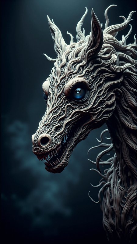 a photorealistic dark horror incisors malevolence anthropomorphic horse, fursona, trending on FurAffinity, dark surrealist , fantasy, intricate, elegant, highly detailed, digital painting, artstation, concept art, smooth, sharp focus, illustration, art by artgerm and greg rutkowski and alphonse mucha <lora:DarkmosphericFlux:0.9> professional studio photography