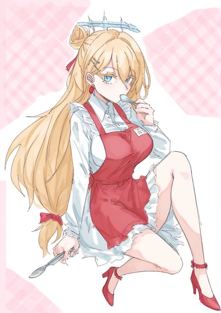 1girl,apron, argyle, argyle background, between breasts, blonde hair, blue eyes, bow, breasts, bucket, colored eyelashes, covered mouth, cream, dress, earrings, food, food-themed hair ornament, food between breasts, footwear bow, fork, fruit, full body, hair ornament, high heels, holding, holding spoon, ice cream, jewelry, knee up, long hair, looking at viewer, low-tied long hair, name tag, no pupils, pink background, red apron, red footwear, sitting, solo, spoon, strawberry, striped, striped apron, white background, white dress,zPDXL3 <lora:y_ganman3:1>