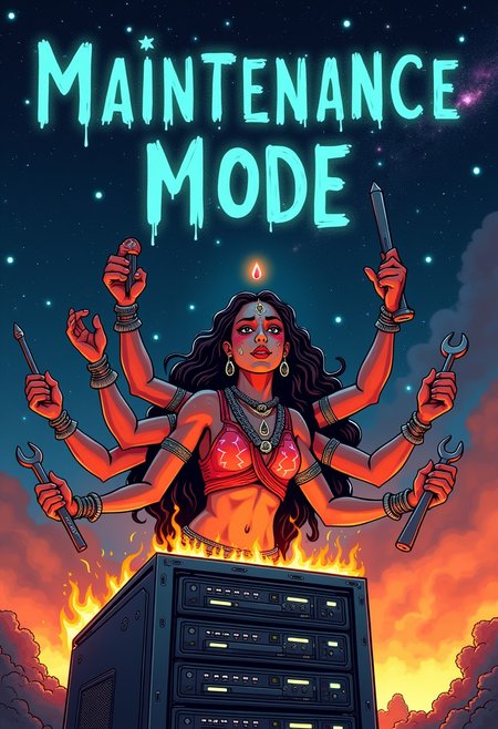 Digital illustration of Goddess Kali working on an open server PC on fire with her multiple arms. The multiple arms are holding tools, screwdriver, wrench, keyboard, mouse, network cable, clipboard, she is sweating , and has grease stains on her face and. The starry sky above spell out the words "MAINTENANCE MODE". Higly detailed, with a cosmic expanse with stars, galaxies, and nebulae