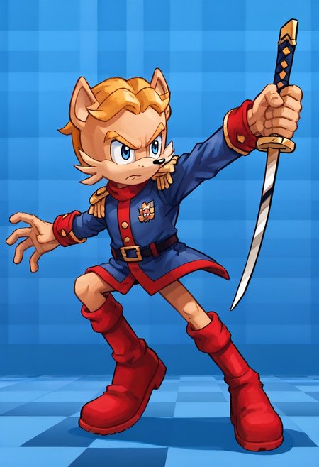 masterpiece, best quality, amazing quality, high detail, absurdres, Antoine D'Coolette, male, solo, holding saber weapon, sword, blue jacket, red boots, blond hair, blue eyes, action pose, dynamic pose, (blue checkered  background),
