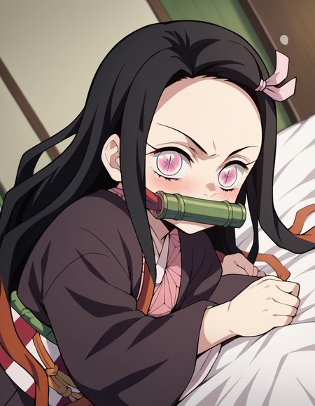 score_9, score_8_up, score_7_up, source_anime,
nezukokamado, <lora:nezuko-kamado-anime-ponyxl-lora-nochekaiser:1>,
nezuko kamado, black hair, forehead, hair ribbon, long hair, multicolored hair, pink eyes, orange hair, slit pupils, wavy hair, two-tone hair,
bamboo, bit gag, gag, gagged, asa no ha \(pattern\), checkered sash, haori, japanese clothes, kimono, long sleeves, obi, pink kimono, sash, wariza, wide sleeves,
indoors, bed, bed room, on side, blush, drunk,
solo, dutch angle, looking at viewer, cowboy shot,