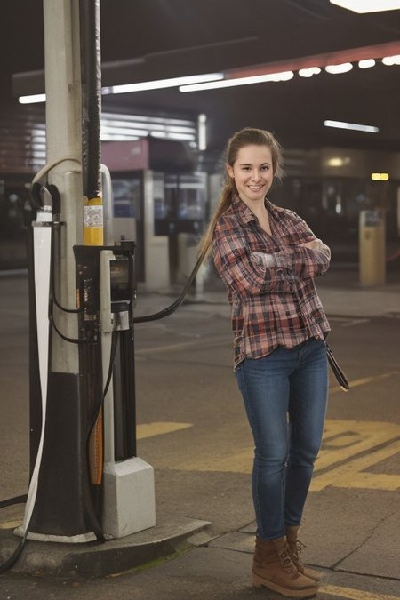 30yo American woman wearing flannel shirt and jeans
Dynamic varying pose.
Gas station. Night time.
Fog.
Dark smooth long hair ponytail. smiling.
Looking at camera.
Full body.