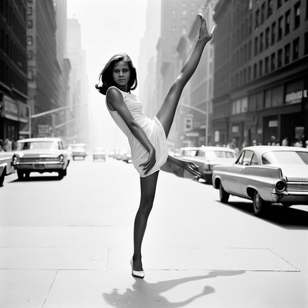 1960s, new york street, haze, young usa woman posing in a strange pose. strong contrast, best proportions, <lora:strange_poses:1>, anatomically correct hands, anatomically correct feet, anatomically correct palms,