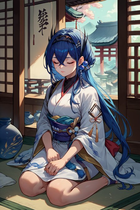 score_9, score_8_up, score_7_up, score_6_up, source_anime, 1girl, solo,   <lora:cantabile-pdxl-nvwls-v1:1> cantabile, dark blue hair, hair between eyes, mole under eye, long hair, hair ornament, hairband, white kimono, japanese clothes, kneeling, sitting, indoors, japanese architecture, closed eyes