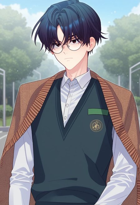 score_9, score_7_up, source_anime
joomirye, 1boy, male focus, solo, black eyes, glasses, black hair, short hair, school uniform, shirt, white shirt, collared shirt,  sweater vest, shawl, portrait
outdoor,