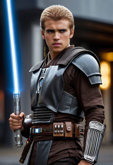 Anakin Skywalker, 18-years old, ((full-body)), blonde hair, bracers armor, ((cyber armor)), jedi armor,holding a light saber, wide shot, (((full body)), street, Breathtaking, 8k resolution, extremely detailed, beautiful, establishing shot, artistic, hyperrealistic, ultra realistic render, extremely fine details, like-like render, cinematic lighting, dramatic volumetric lighting, masterpiece, light brazen, extremely detailed and beautiful face, 150mm, HDR10 <lora:Wowifier:0.69> <lora:Details:0.85>, starwars, in heavy raining futuristic  rooftop cyberpunk night, sci-fi, fantasy, intricate, very very beautiful, elegant, neon light, highly detailed, concept art, soft light, hdri, smooth, sharp focus