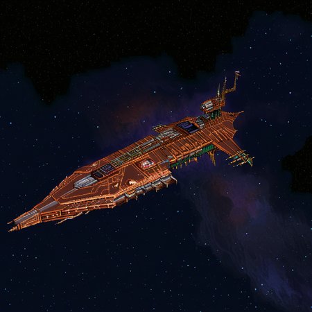 ((snes game screenshot,digital illustration,16 bit graphics)),a  copper colored chaoswarfleet cruiser, <lora:Chaos_Warfleet_-_Warhammer_40000_SDXL:1>,floating in space,armor plating,cathedral,eagle decorations,no_humans,solo,side view