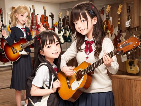 masterpiece, best quality, ultra-detailed, illustration,
(2girls:1.4), school uniform,  school bag,  smile ,
guitarshop, guitar, instrument, electric guitar, bass guitar, amplifier, speaker, wooden floor, indoors, 
 <lora:guitarshop:0.8>