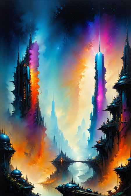 skyline of a dense and sprawling city on a junkworld, cyberpunk, night, neon signs, spotlights, hologram,smoke,  neon lights,  glowing, ethereal light,starry sky, bustling, cosmic hues, vibrant colors, watercolor style, surreal lighting, futuristic motifs, vivid colors, detailed digital art <lora:EnvyJunkworldXL01:0.8>  <lora:Ethereal_Grace:1>, (masterpiece:1.2), best quality, (hyperdetailed, highest detailed:1.2), high resolution textures, <lora:EnvyBetterHiresFixXL01:1>