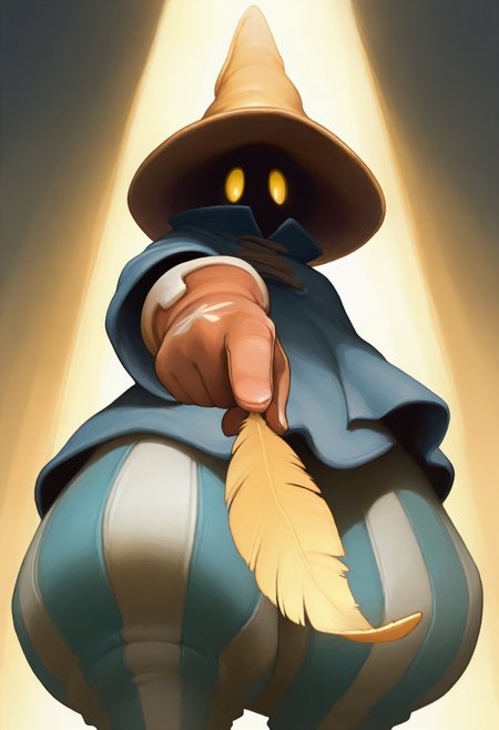 masterpiece, best quality, solo, 1boy, looking at viewer, <lora:Ziggy-illus_Fp:1>, ziggy, yellow eyes, shaded face, faceless, no mouth, wizard hat, striped pants, cloak, robe, gloves, puffy pants, dim lighting, holding feather, outstretched arm, pov, from below,