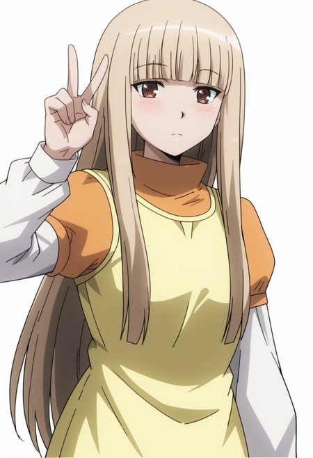 score_9, score_8_up, score_7_up, source_anime, (white background:1.2) ,BREAK, 1girl, solo, <lora:DX888Kashiko:1>, misumi kashiko,  brown eyes, blonde hair, long hair,  . layered sleeves, dress, v pose