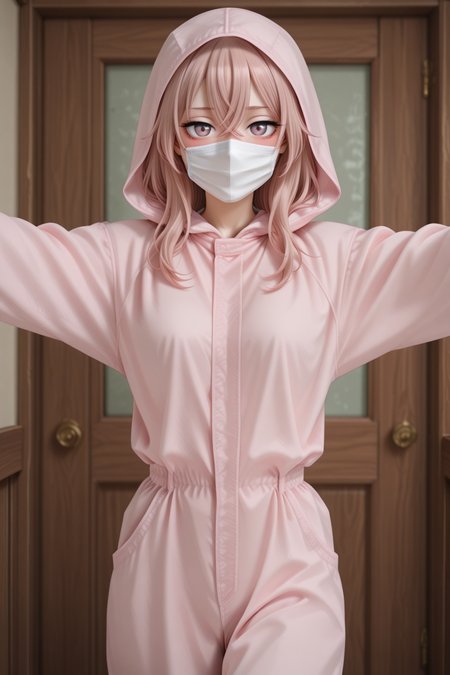 masterpiece, best quality, amazing quality, 1girl, solo, makeup, general, looking at viewer, blush, cowboy shot, smile, boutique, indoors, fancy, blush, lovely, spread arms, looking at viewer, <lora:sajuna-inui-s1-illustriousxl-lora-nochekaiser:1>, sajuna inui, inui sajuna, long hair, bangs, hair ornament, hair between eyes, pink hair, pink eyes, crossed bangs, mature female, small breasts, <lora:DustproofClothingTEST:1>, DPClothing, long sleeves, jumpsuit, hood up, (medical mask), <lora:wai-2Rectified-V140:1>, <lora:Illustrious_-_Refiner:1>