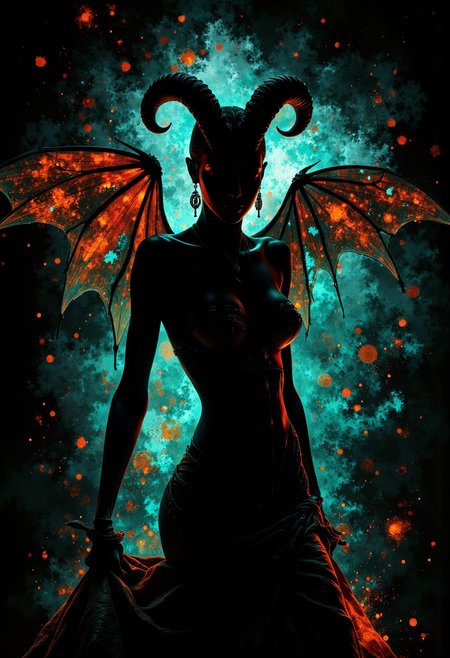 silhouette of a seductive figure of a demoness with horns. turquoise, orange scratches on a black background. Dispersion effect, backlight