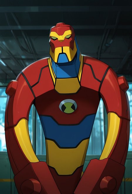 masterpiece, best quality, amazing quality, very aesthetic, absurdres, newest,, detailed background, 
 movie scene, cinematic scene, cinematic, 
bloxx, robot, mecha, solo, armor, green eyes,, massive arms, upper body, , big head, massive head, red head, yellow chin, yellow eyebrows, blue neck, 
Elongated, long arms, fighting,, dynamic pose,