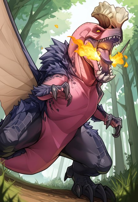 <lora:MH_Anjanath_a1_45_NoobXL-eps:1>,<lora:EatSleep1111StyleSDXL11:0.7>,<lora:merrytailSDXLstyle:0.3>,eatsleep1111,merrytail,masterpiece,best quality,amazing quality,high quality,very aesthetic,absurdres,newest,shaded,digital media \(artwork\),depth of field,solo,mhanjh,feral,detailed background,forest,yellow eyes,beige wings,nose horn,pink body,three-quarter portrait,action pose,dutch angle,open mouth,fire breathing,
