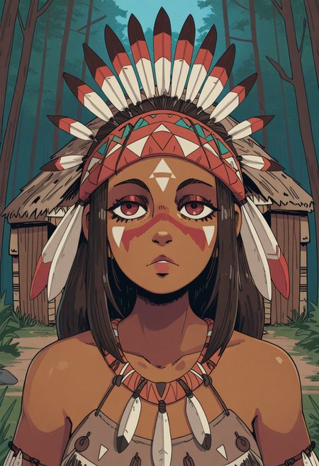 10P3Zstyle, masterpiece, best quality, solo,                                                                                  1female, brown skin, native American costume, headdress, forest, tribal hut, facepaint, 