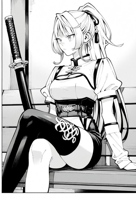 nei takarai, long hair, hair ribbons, ponytail, sharp eyes, large breasts, slim waist, manga, monochrome, white high-collar short-sleeve mini-dress with black trim, corset-style waist belt with fasteners, black thigh-high stocking on left leg only with snake emblem, bare right leg, detached white sleeves on forearms with black trim and ornaments on ends, twin sheathed katanas on left side of waist, 2 katanas, 2 sheathes, sitting alone on a bench with legs crossed, looking off into the distance with a calm expression