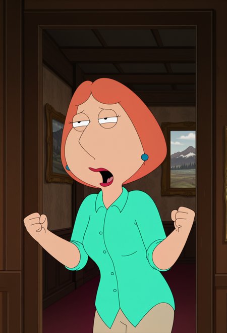 masterpiece, best quality, amazing quality, lo1sgf, 1girl, orange hair, blue earrings, aqua shirt, beige pants, seductive, aroused, half-closed eyes, open mouth, clenched hands, upper body, indoors, cinematic shot,