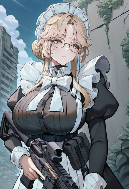 masterpiece, best quality, absurdres, highres, newest, 1girl, solo, <lora:ade-nikke-richy-v1_ixl:1> ade, green eyes, glasses, eyewear strap, blonde hair, long hair, hair bun, braid, sidelocks, maid headdress, huge breasts, white bowtie, maid, white apron, black dress, puffy sleeves, juliet sleeves, long sleeves, standing, holding gun. holding weapon, assault rifle, rifle, vertical foregrip, h&k_hk416, trigger discipline, tactical clothes, load bearing vest, concrete, outdoors, science fiction, post-apocalypse, cloud, blue sky, overgrown, determined, closed mouth, looking to the side