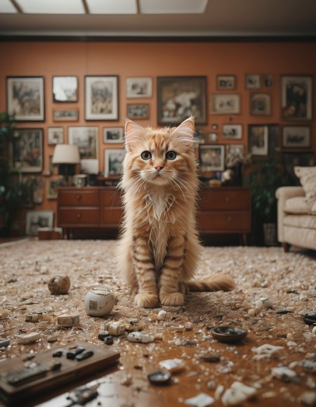 cinematic photo a kitten creating a mess in a modern living room, 35mm photograph, film, bokeh, professional, highly detailed, 4k, uhd, masterpiece