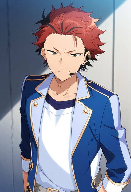 masterpiece,best quality,amazing quality, source_anime, 
kuroooky, 1boy, male focus, solo, green eyes, red hair, multicolored hair, jewelry, earrings, ear piercing, idol academy uniform, headset, collarbone, shirt, white shirt, jacket, blue jacket, lapels, open jacket, belt, grey belt, smile,
outdoor,