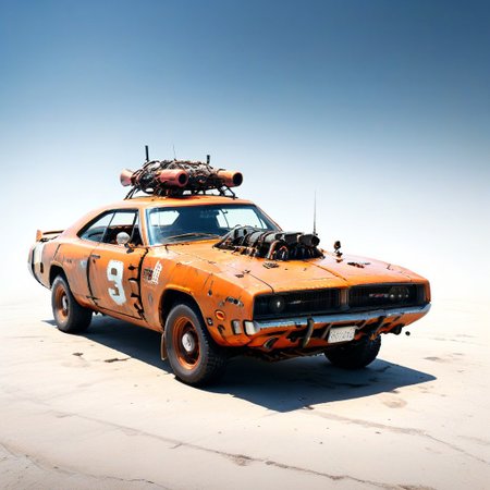 <lora:evidecrepPunk:1> evi@decrepPunk ,car flying above city, from above,    Robotic orange car made of rusted old metal and gears and leaking decaying batteries in a post-apocalyptic weathered decaying world, white middle stripe, muscle car, mustang, dolorean, 1969 dodge charger  with white stripe, humoristicsetting, highly detailed, sharp focus, photograph, 8k resolution, cinematic lighting, , night, dark exhaust smoke, black oil dripping