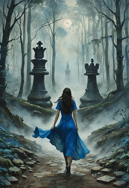 (water-colored), illustration, style of Jessica Galbreth,
(far view, far shot, rear view, facing away:1.3),
(Alice, woman walking, very long dark brown hair,  hair rim lighting, hair in the wind, blue short dress with short sleeves, black tights, black shoes:1.5), 
fog, dreamy, dream, landscape, cloudy, raining,
(trail in forest, giant chess pieces, ruins:2)