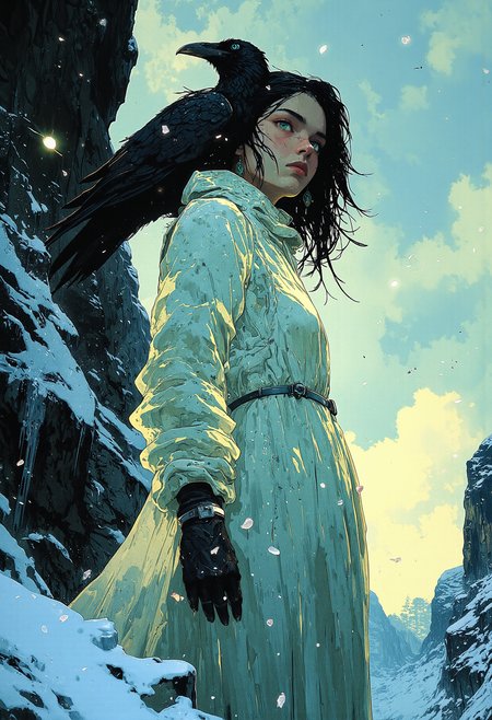 A mysterious woman stands shrouded in a delicate, translucent veil of frost. Her pale, almost translucent skin glows softly in the dim light, and her dark raven hair cascades behind her like a shadow. A large raven perches on her shoulder, its black feathers glistening with frost, matching the icy surroundings. She stands on a snow-covered cliff overlooking a frozen landscape, her cold blue eyes piercing through the frosty veil. The air is filled with swirling snow, and the atmosphere is both haunting and ethereal. The scene is detailed with a focus on the icy textures, sharp contrasts between light and shadow, and the mystical presence of the woman and raven.    <lora:CPA:0.83> <lora:Luminous_Shadowscape-000016:0.63> <lora:RetroAnimeFluxV1:0.53> <lora:FLUX-daubrez-DB4RZ:0.33> DB4RZ, DB4RZ style painting,