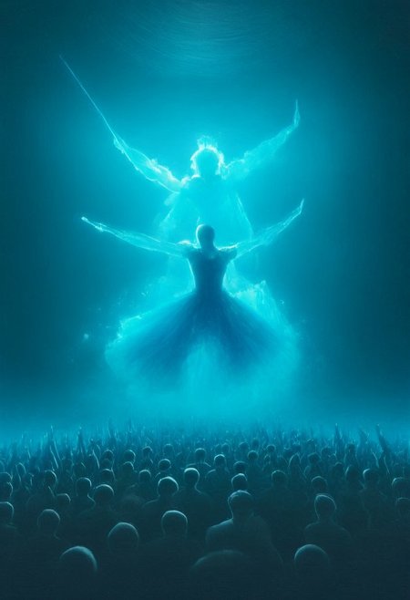 double exposure of Hatsune Miku floating long aqua twintails blending with concert hall full of people, full of details, positive emotional, masterpiece, fairytale, <lora:DoubleExposure:1>, <lora:Hatsune_Miku_for_SDXL_V1.0:0.7> (Hatsune Miku:2), head, portrait, close up, twintails, very long floating twintails, blue hair, blue eyes, <_Concert:1.5> r0ckc0ncert, smoke, light show, instruments, on stage, band