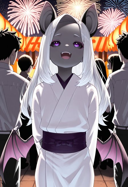 1boy, trap,  small eyes, black sclera, purple eyes, without pupils, color skin, grey skin, bat ears, bat wings, fangs, long hair, white hair, skinny,
kinono, japanese clothes, makeup, fully clothed,
smile, looking up, standing, cowboy shot, happy, open mouth,
fireworks, park, crowded, festival, hand behind back,
<lora:PenDDIL-style:1>, pendd, masterpiece,best quality,amazing quality,