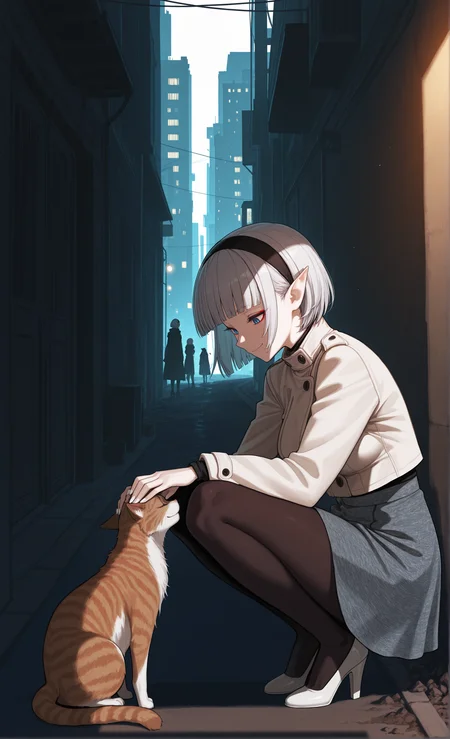 masterpiece, sharp detail, intricate detail, 1girl, pointy ears, blue eyes, short hair, silver hair, black hairband, medium breasts, blunt bangs, smile, <lora:Rokudaime_Illu_Edition:1> RD-Illu, full body, white nails, red eyeliner, long eyelashes, <lora:marl_texture_v0.4-illu10:1> patterned, patterned closed coat, black pantyhose, patterned skirt, white high heels, from side, looking down,  squatting, petting the cat, stray cat, city, asphalt, dirt, chiaroscuro, partially illuminated, volumetric lighting, dappled light, dramatic shadows, cinematic lighting, detailed background, dark alley, urban,