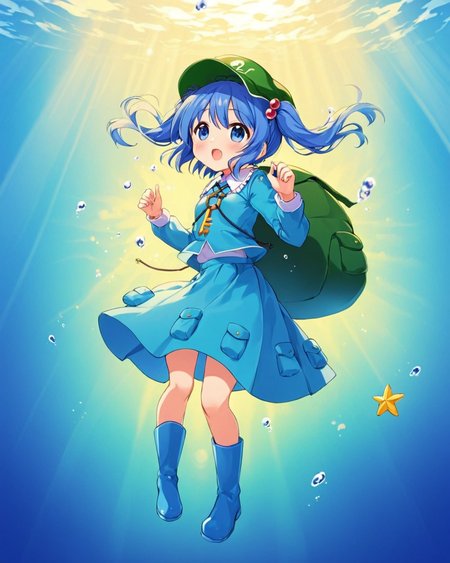 kawashiro nitori,1girl, solo, backpack, underwater, open_mouth, hat, key, air_bubble, blue_footwear, two_side_up, long_sleeves, rubber_boots, dress, shirt, skirt_set, :d, green_headwear, full_body, twintails, pocket, hair_bobbles, blue_skirt, blush
<lora:kawashiro_nitori_image4714_2023-12-17:1>,star-shaped_pupils,symbol-shaped_pupils,. gorgeous,key visual, vibrant, studio anime,award-winning, professional, highly detailed,high budget, cinemascope